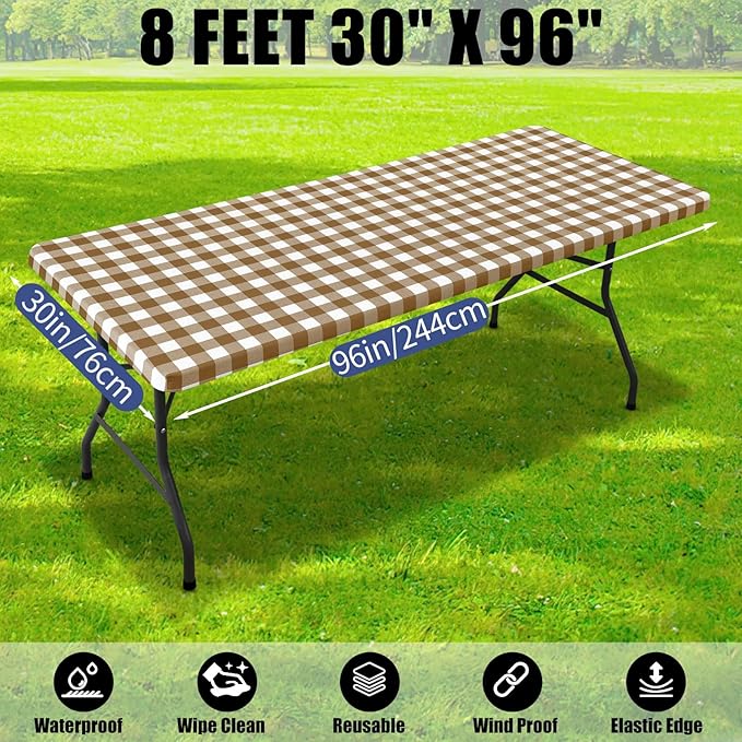 Smiry Picnic Table Cloth 2 Pack, Waterproof Elastic Fitted Tablecloths for 8FT Rectangle Tables, Washable Polyester Buffalo Plaid Tablecloth for Camping, Dining & Outdoor (Brown & White, 30" x 96")