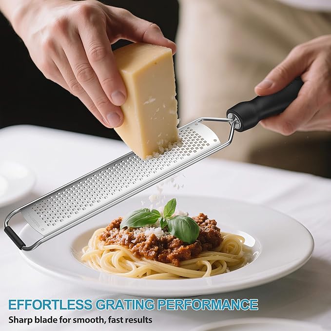 Zester Grater, Lemon Zester Grater with Handle, Premium Stainless Steel Citrus Zester for Parmesan, Garlic, Chocolate, Ginger, Non-Slip Grip, Safety Cover & Cleaning Brush, Black