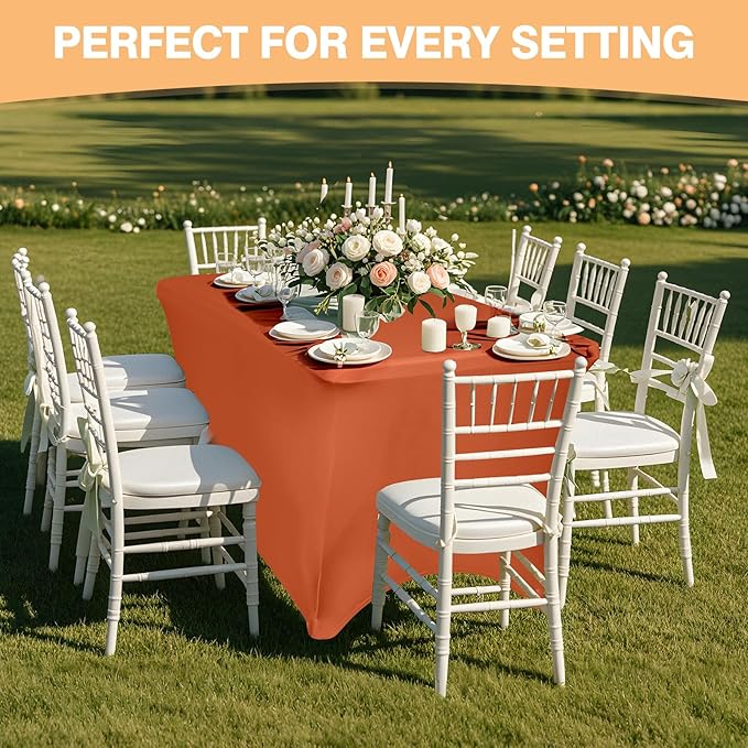2 Pack 6 Feet Orange Spandex Tablecloth for Rectangular Tables, Fitted & Stretch, Washable, Wrinkle Resistant, Perfect for Event, Wedding, Party, Banquet, Cocktail, Festival, and Table Protector