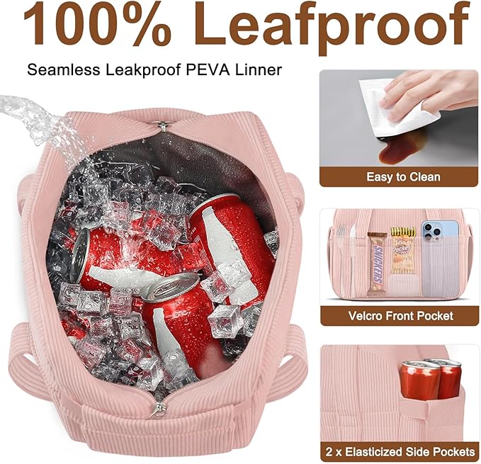 KUBYA Corduroy Lunch Box Lunch Bag for Women Men, Cute Strawberry Small Insulated Reusable Work Leakproof Simple Lunch Boxes Tote Bag Adults Cooler Bag
