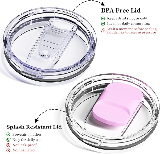 12oz Insulated Coffee Mug with Lid – Includes Two Lids, Stainless Steel Coffee Travel Mug with Handle, Double Wall Vacuum Insulated Camping Mug for Home, Office & Outdoor, Pink