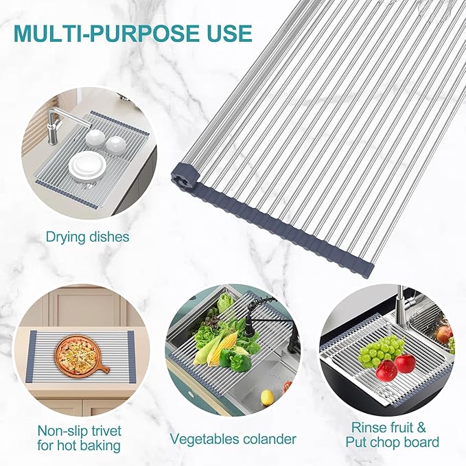 BBXTYLY Extra Large Expandable Roll Up Dish Drying Rack,Over The Sink Drying Rack Sink Cover Kitchen Sink Accessories Kitchen Rolling up Stainless Steel Drainer, Foldable,Rollable（Gray，25.1''-12.4''）