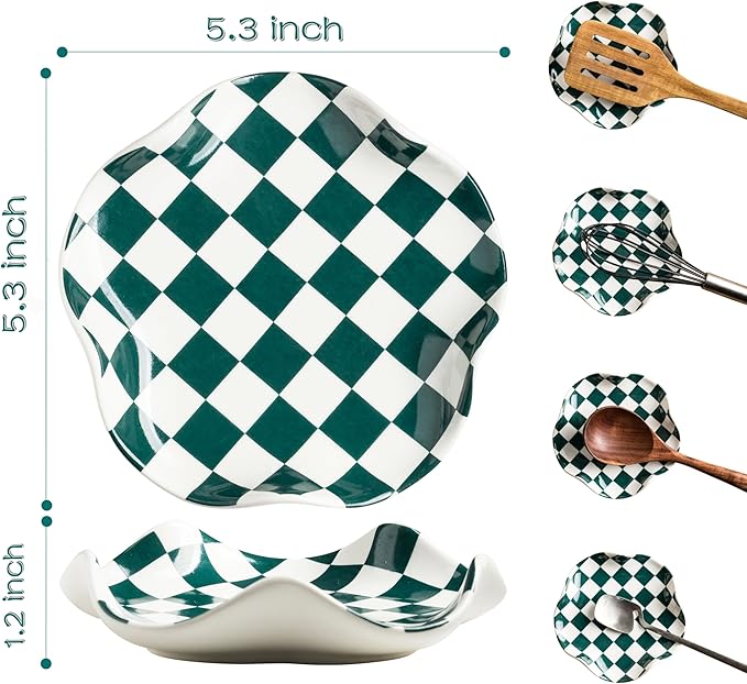 Checkered Spoon Rest for Kitchen Counter, Cooking Spoon Holder for Stove Top, Large Utensil Spatula Rest Tray, Cute Kitchen Gadgets Gift for Housewarmings Weddings