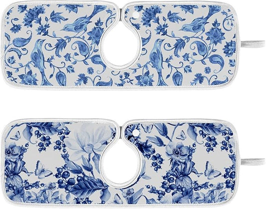 Sink Mat for Faucet Sink Splash Guard Faucet Handle Drip Catcher for Kitchen Bathroom Absorbent Microfiber Dish Drying Mat Blue and White 2pcs
