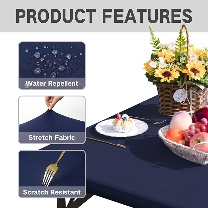 Square Fitted Table Cover Elastic Tablecloth Stretch Spandex Table Top Cover Table Topper Cap for Dining Kitchen Home Party Navy 34X34 Inch