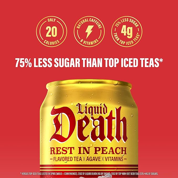 Liquid Death Iced Tea - Rest In Peach (Peach-Flavored Black Tea), Less Sugar*, Boost of Caffeine, B Vitamins, No Artificial Sweeteners, 12 Fl Oz (Pack of 12)