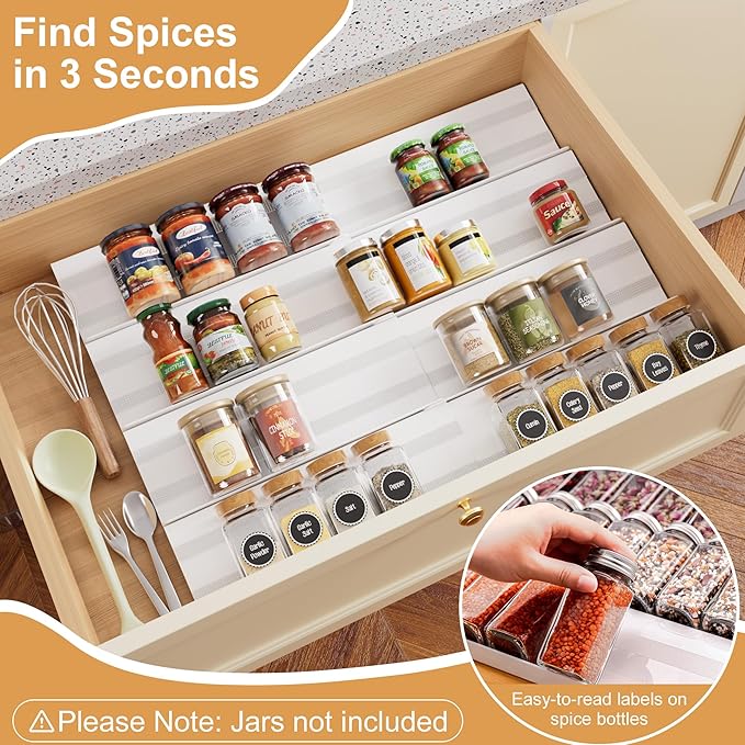 8-Pack Spice Rack for Drawer, Adjustable Seasoning Rack Tray, Expandable from 13" to 26" Kitchen Seasoning Organizers and Storage for Drawer, 2mm Acrylic, White (Jars Not Included)