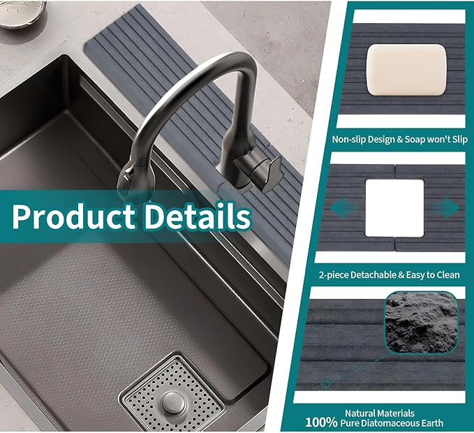 Kitchen Sink Faucet Mat, 24'' Long Diatomite Quick Drying Stone Sink Tray, Prevents Moisture Buildup, Suitable for Bathroom Kitchen Counter Top Faucet Around Splash Guard[Drak Grey, 23.6" x 3.9"]