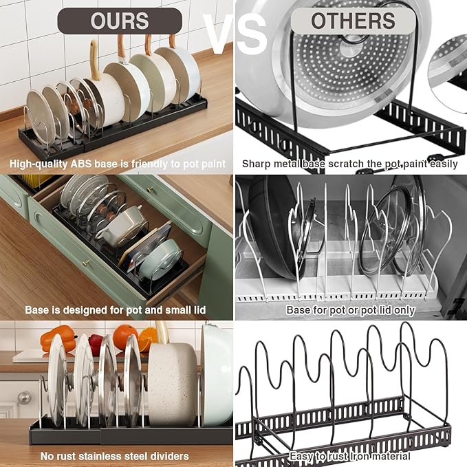 2 Pack Expandable Food Storage Container Lid Organizers, 22" Pots and Pans Organizer Under Cabinet with 9 Adjustable Dividers Pot and Pan Lid Holders Rack Inside Cabinet(Black)