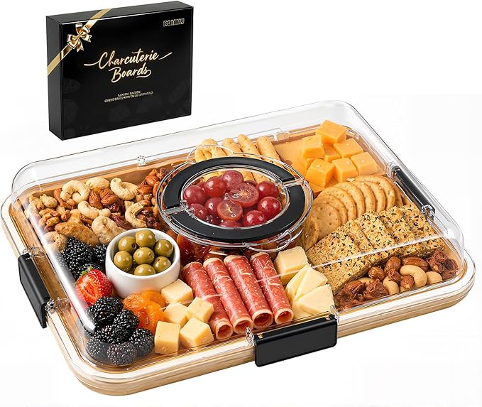 Renmxj Carbonized Charcuterie Board with Clear Lid, Portable Cheese Board Charcuterie Boxes Cutting Boards for Kitchen, House Warming Gifts New Home, Gifts for Women (Carbonized Bamboo, 1 Compartment)