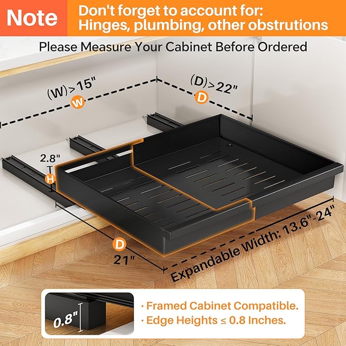 Pull out Cabinet Organizer, 2-Pack Expandable(13.6"-24") Silde out Drawers with Raising Pad for Framed Cabinets, Adjustable Full-Extension Adhesive Roll out Shelves for Kitchen Pantry Home Pot and Pan
