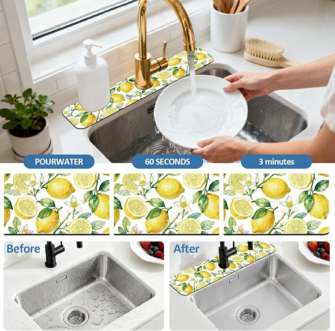 2 Pcs Kitchen Sink Splash Guard Faucet Mats Lemon Pattern Faucet Mat for Sinks Fruit Absorbing Drying Mat for Kitchen Bathroom, 23.6x5.5inch