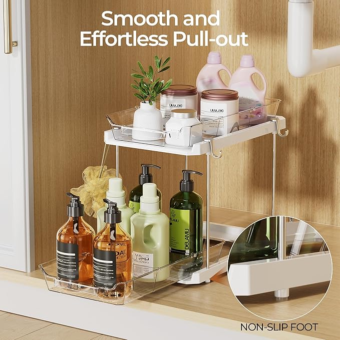 Delamu Under the Sink Organizer, 2-Tier Pull-Out Cabinet Drawers with Adjustable Shelf & Hooks, Under Sink Cabinet Organizer for Bathroom, Kitchen, Vanity & Every Household(White, 2 Pack)
