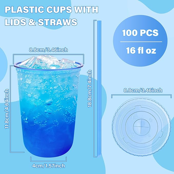 tchrules 100 Set 16oz Plastic Cups with Lids and Straws, Disposable Blue Clear Iced Coffee Cup with Lid, Round Bottom Plastic To Go Cups for Cold Drinks Slushie Smoothie Soda Bar Party Shop Supplies