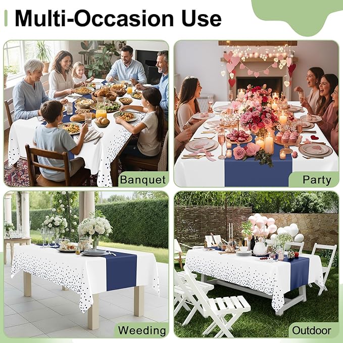 Smiry Plastic Table Cloth Disposable 5 Pack, 54 x 108 Inch Rectangle Waterproof Tablecloth, Printed Gold Table Runner Style for Birthday Weeding, Party Decorations, Leakproof & Sturdy, White and Navy