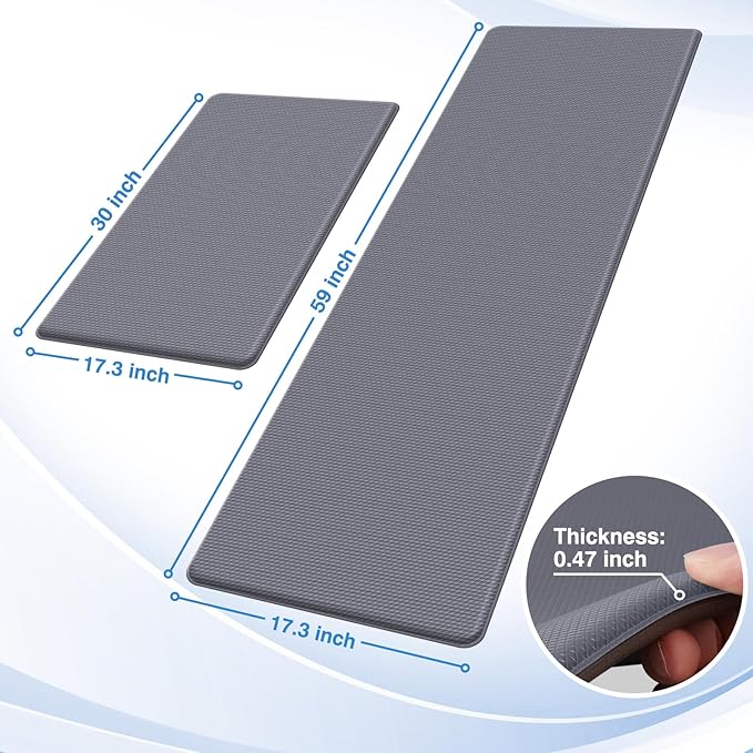 StepRite Kitchen Mats, 2PCS Kitchen Rugs, Cushioned Anti Fatigue Kitchen Mats for Floor, Non-Slip Standing Desk Mat, Waterproof Kitchen Rug Set for Kitchen, Floor, Office, 17.3"x30"+17.3"x59", Grey