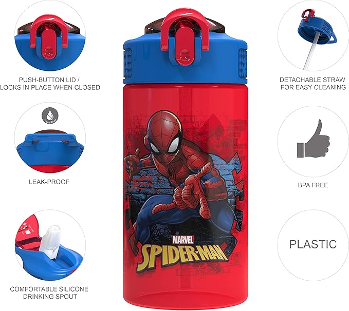 Zak Designs Marvel SpiderMan Kids Spout Cover and Built-in Carrying Loop Made of Plastic, Leak-Proof Water Bottle Design (16 oz, BPA-Free)