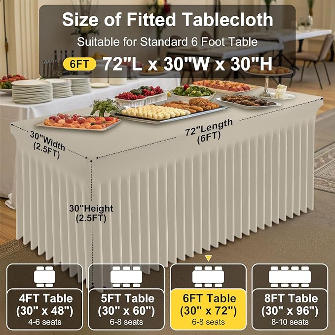 Smiry Spandex Tablecloth 2 Pack, Elastic Fitted Stretch Tablecloth for 6FT Rectangle Tables, Waterproof Washable Table Cover Skirt for Outdoor, Wedding, Banquet & Parties (Taupe, 72Lx30Wx30H Inch)