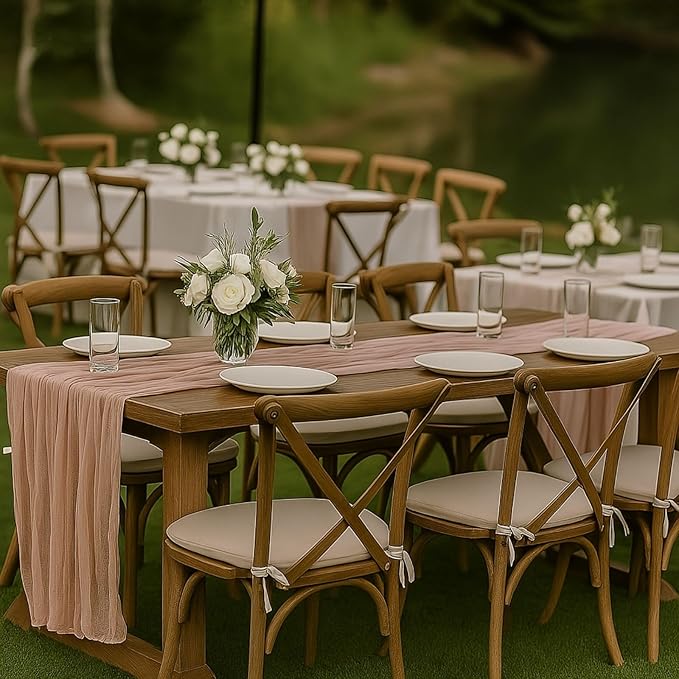 10FT Dusty Pink Cheesecloth Table Runner – 120 Inch Blush Gauze Table Decor for Baby Girl Shower, Bridal Brunch, Mother’s Day, or Romantic Vintage Party Setup