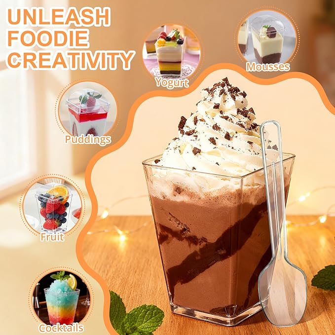 200 Pack 5oz Plastic Dessert Cups with Lids and Spoons, Mini Clear Yogurt Parfait Cups with Lids, Small Dessert Shooter Cups, Square Appetizer Cups for Party Fruit Pudding Trifle Ice Cream Tasting