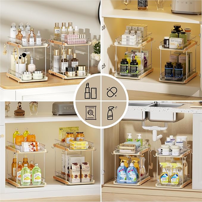 DELAMU Under the Sink Organizer, 2-Tier Pull-Out Cabinet Drawers with Adjustable Shelf & Hooks, Under Sink Cabinet Organizer for Bathroom, Kitchen, Vanity & Every Household(Wood Grain, 4 Pack)