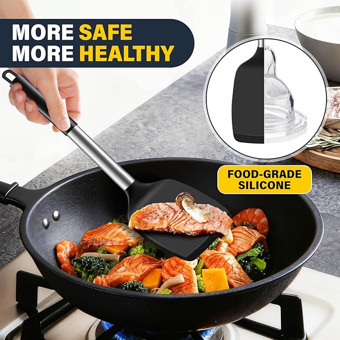 2 Pack Silicone Spatula Set, Solid & Slotted Turner for Non-Stick Pans, High Heat Resistant Silicone Spatula for Cooking, BPA-Free Stainless Steel Cooking Utensils for Fish, Eggs, Pancakes, Black