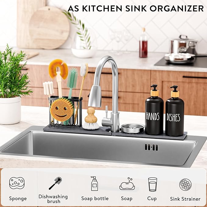 Cisily Diatomite Faucet Mat for Kitchen Sink Protectors with Dish Brush Holder-Absorbent Drying Counter Stone Water Splash Guard Area, Behind Kitchen Sink Caddy Organizers Decor Accessories Organizer