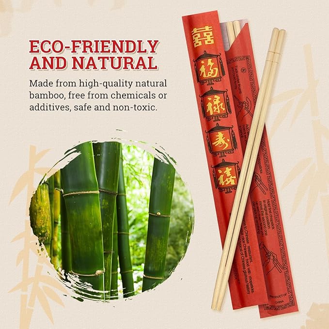 52USA Disposable Bamboo Chopsticks (200 Sets), 9" Individually Wrapped Wooden Chopsticks Bulk, Eco-Friendly, Smooth & Splinter-Free, Perfect for Sushi, Noodles, Asian Cuisine, Takeout & Parties