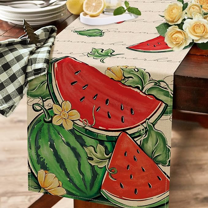 Seliem Hello Summer Watermelon Table Runner, Tropical Fruit Kitchen Dining Table Decor, Seasonal Burlap Home Decoration Indoor Outdoor Party Supply 13 x 72 Inch