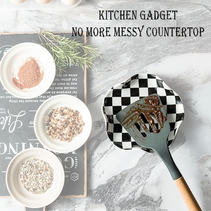 Spoon Rest for Stove Top, 5.3in Checkered Spoon Holder Utensil Rest, Ceramic Spoon Rests for Coffee Bar, Kitchen Gadget Cooking Gift for Housewarming - Heat Resistant & Dishwasher Safe