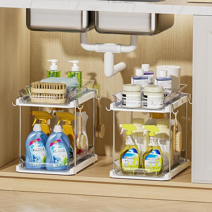 Delamu Under the Sink Organizer, 2-Tier Pull-Out Cabinet Drawers with Adjustable Shelf & Hooks, Under Sink Cabinet Organizer for Bathroom, Kitchen, Vanity & Every Household (White, 4 Pack)