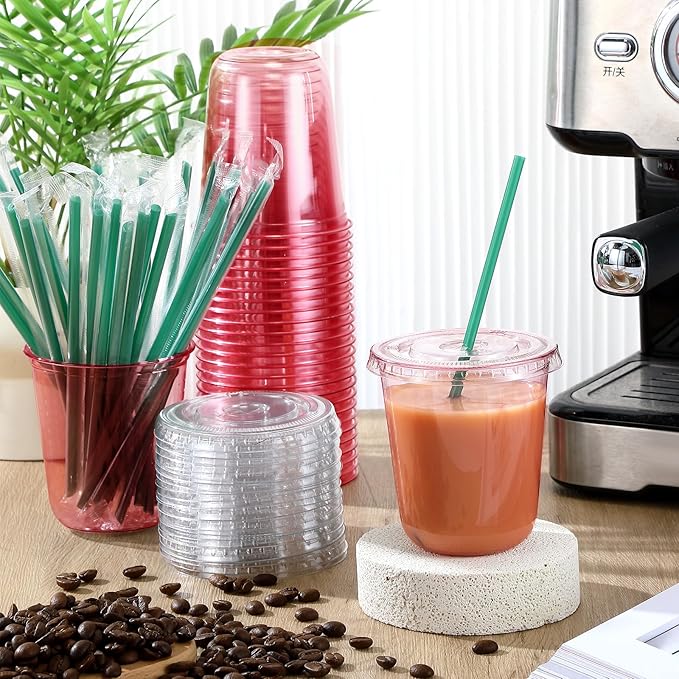 Baderke 25 Set Plastic Cups with Lids and Straws, Disposable Plastic Iced Coffee Cup for Cold Beverage Juice Smoothie Crystal for Coffee Shops Party Catering (Pink,14 oz)