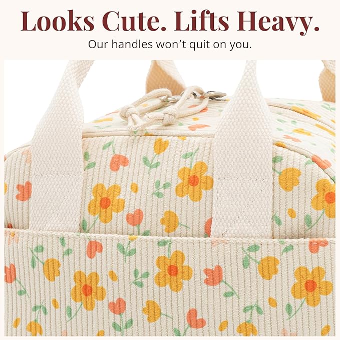 LOVELYWIND Insulated Yellow Floral Lunch Bag for Women, Stylish Corduroy Tote with Aluminum Lining, Large Capacity Reusable Cooler for Work, Travel, Beach or Picnic, Floral Water-Resistant Lunch Box