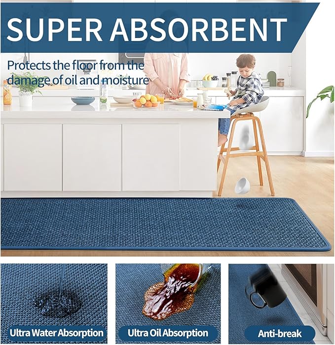 Kitchen Mats for Floor, Super Absorbent Kitchen Rugs Non Slip Washable, Soft Imitation Linen Braided Kitchen Runner Rug, Standing Mat Kitchens Sink Mat, Easy to Clean, Blue 17x95