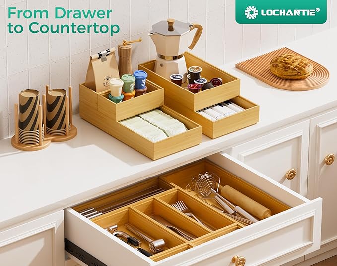 Small Bamboo Kitchen Drawer Organizer Boxes – 6" x 3" Stackable Wood Silverware Utensil Tray for Drawers Bins Cutlery & Flatware Storage – Wooden Organizers Set of 2 for Junk Drawer, Bathroom, Rv