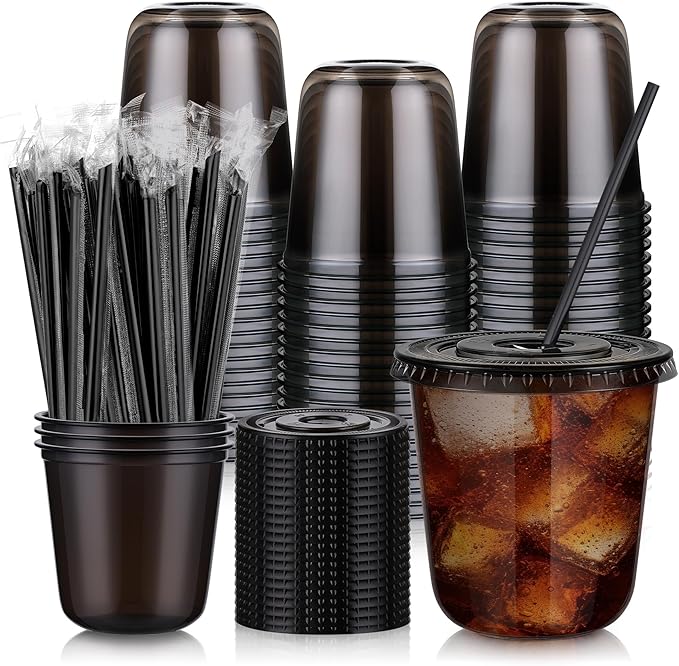 tchrules 100 Set 12oz Black Plastic Cups with Lids & Straws, Disposable Iced Coffee Cup with Lid, Round Bottom Plastic To Go Cups for Cold Drinks Slushie Smoothie Lemonade Party Picnic Shop Supplies