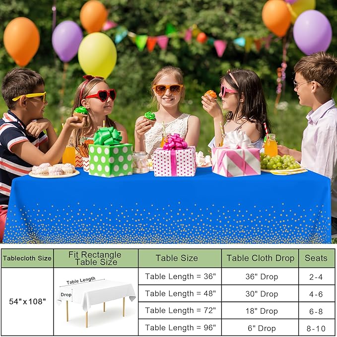 misaya 3 Packs Dot Disposable Table Cloth, 54 x 108 Inch Waterproof Plastic Tablecloth, Rectangle Gold Dots in Blue Table Covers for Picnic, Birthday, Party