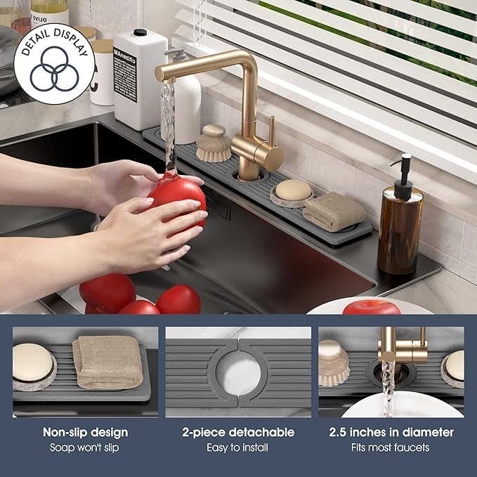Quick Drying Stone Faucet Mat for Kitchen Sink - Diatomite Sink Mat Absorbing Stone Tray for Bathroom Counter, Sink Faucet Splash Guard Water Protector Matt for Kitchen Counter(Gray, 17.7"x3.9")