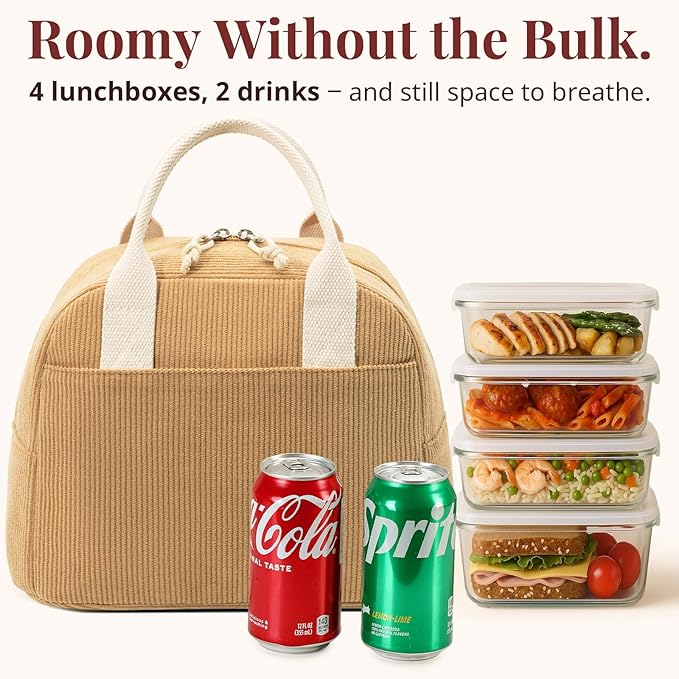 LOVELYWIND Insulated Lunch Bag for Women Men, Stylish Corduroy Tote Bag with Aluminum Lining, Large Capacity Reusable Cooler for Work, Travel, or Beach, Camel Brown Lunch Box