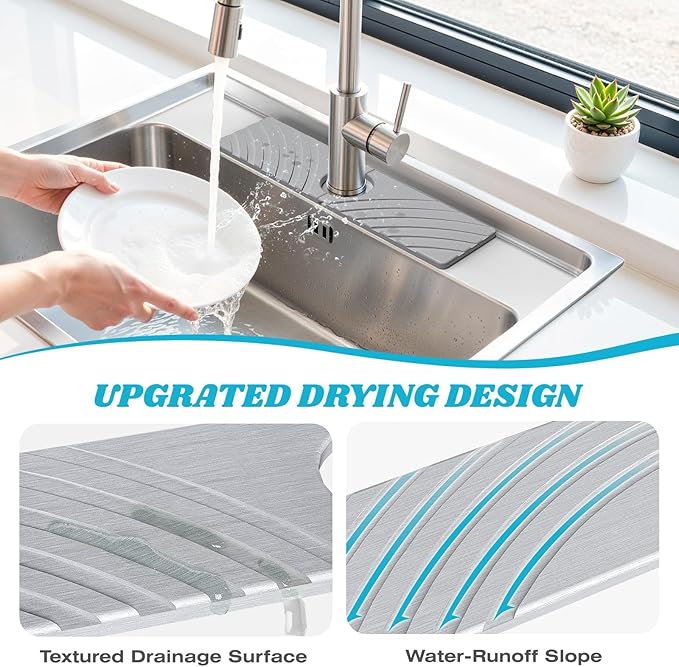 Stone Faucet Mat for Kitchen Sink - Fast Drying Diatomite Stone Drying Mat, Textured Drainage Sink Protector, Water Splash Guard with Base Pads for Bathroom Counter (15.7x4 in, Light Gray)