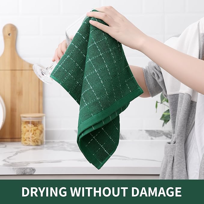Homaxy 100% Cotton Terry Kitchen Towels(Dark Green, 13 x 28 inches), Checkered Designed, Soft and Super Absorbent Dish Towels, 2 Pack