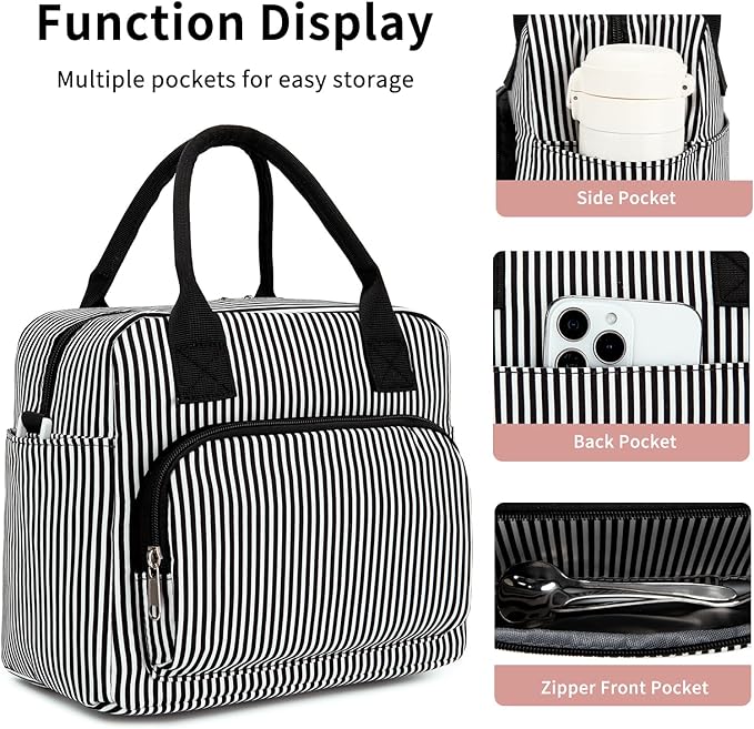 Lunch Bag Women Lunch Box for Women Adult Cute Insulated Lunch Bag Lager Cooler Lunch Tote Bags for Work Picnic (Black Stripes)