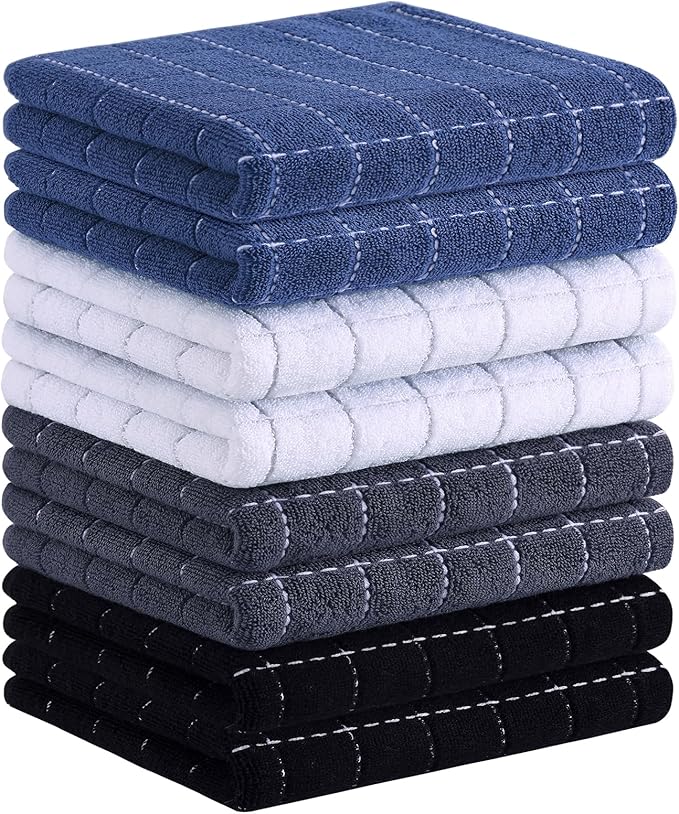 Homaxy 100% Cotton Terry Kitchen Towels(Multiple Color, 13 x 28 inches), Checkered Designed, Soft and Super Absorbent Dish Towels, 8 Pack
