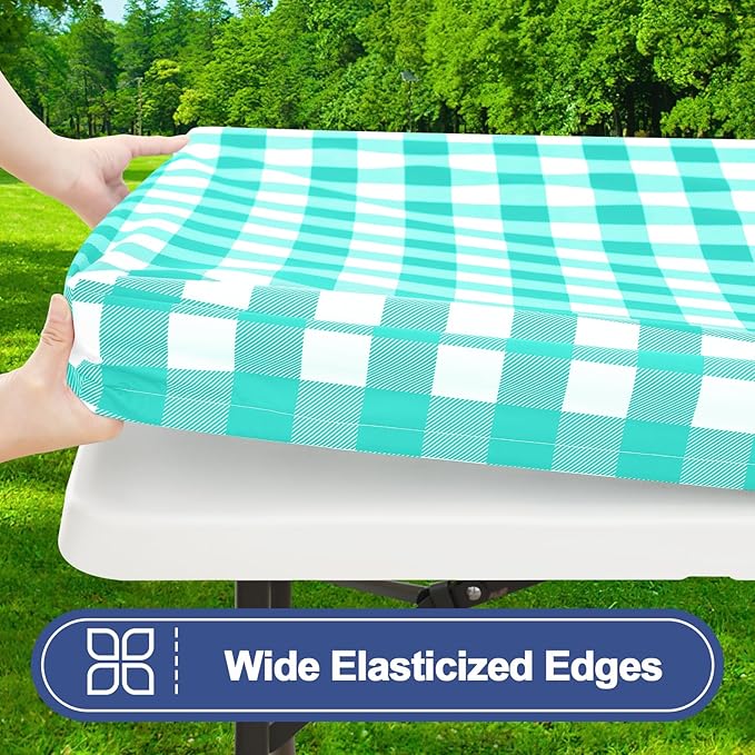 Smiry Picnic Table Cloth 2 Pack, Waterproof Elastic Fitted Tablecloths for 8FT Rectangle Tables, Washable Polyester Buffalo Plaid Tablecloth for Camping, Dining & Outdoor (Teal & White, 30" x 96")