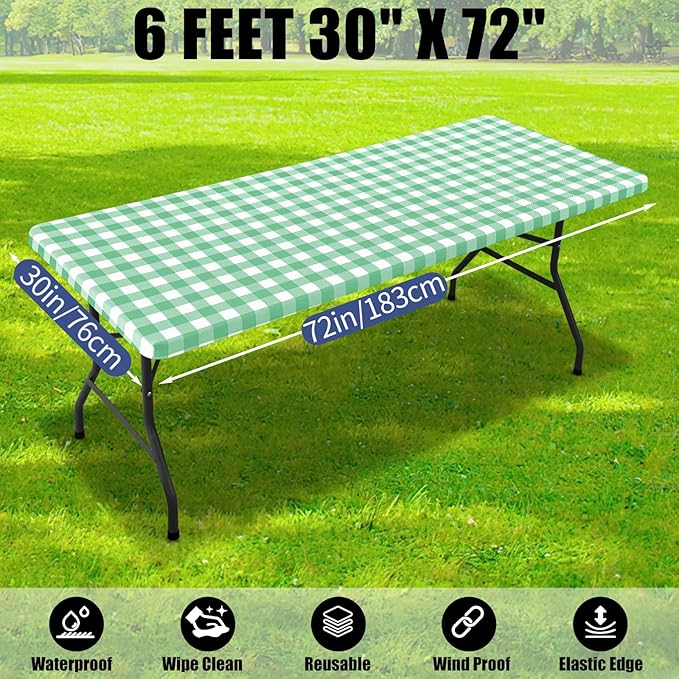 Smiry Picnic Table Cloth 2 Pack, Waterproof Elastic Fitted Tablecloths for 6FT Rectangle Tables, Washable Polyester Buffalo Plaid Tablecloth for Camping& Outdoor (Sage Green & White, 30" x 72")