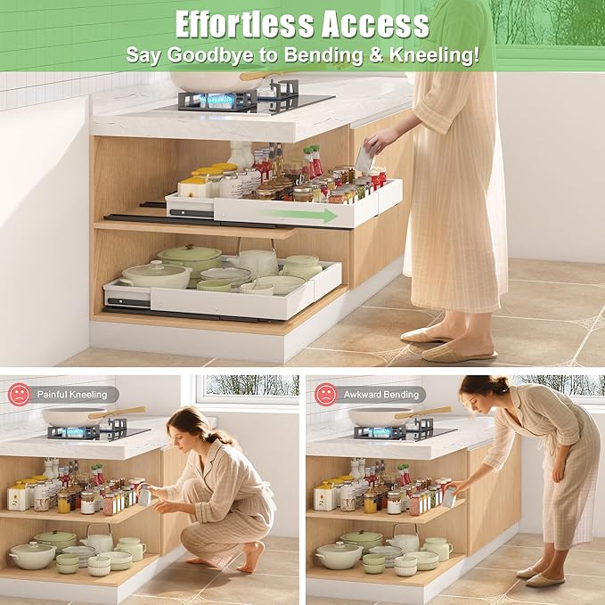 2 Pcs Pull Out Drawers for Cabinets Organizer Expandable Width(11.8"-19.4"), Depth(16.45"-21.7") With 3 Rails, No Drill Roll Out Drawer, Adhesive Sliding Drawers for Kitchen Pantry Storage Adjust