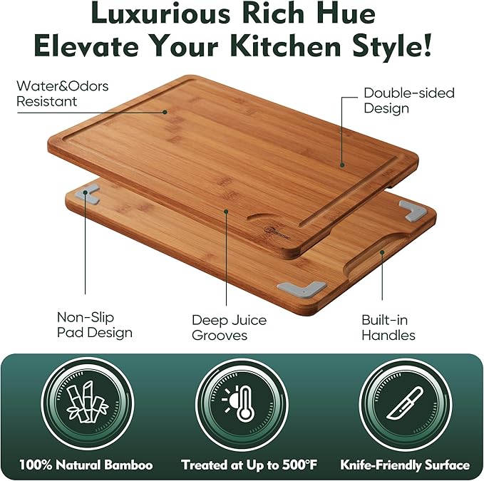 Bamboo Cutting Board Set Non Slip Feet Over Sink Carbonized Bamboo Set With Smooth Surface Knife-Friendly and Easy Storage For Kitchens Meal Prep & Serving Kitchen Gadgets（Carbonized）