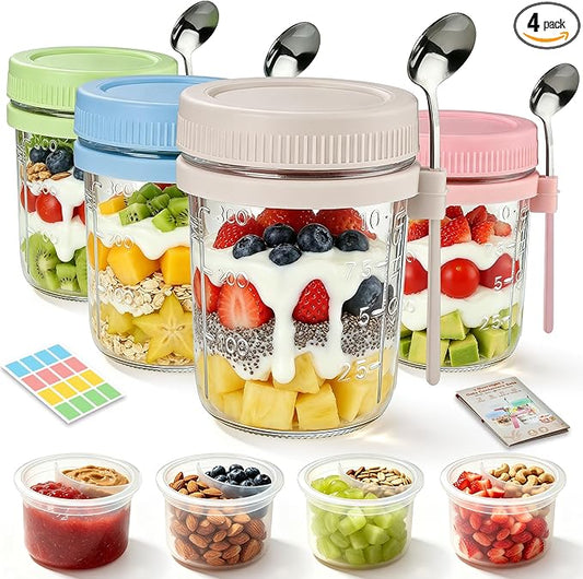4Pcs Overnight Oats Containers with Lids and Spoons,16oz Glass Meal Prep Jars with Measurement Marks, Leak-Proof Breakfast Food Storage for Yogurt, Cereal, Salad, BPA-Free (4 Colors)