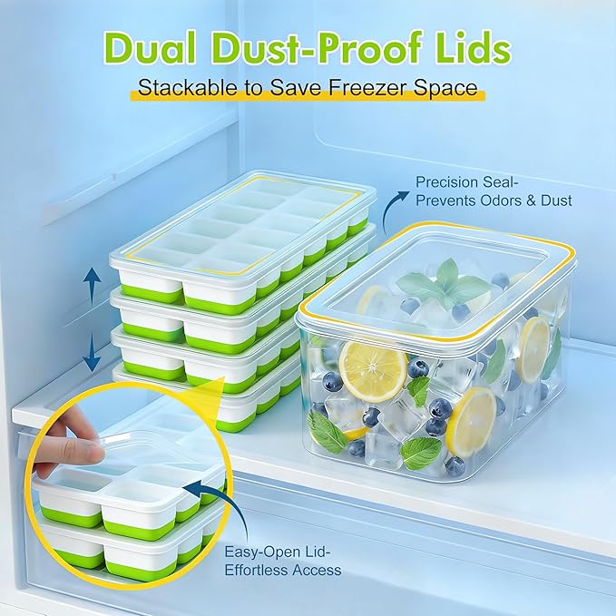 NFK Ice Cube Tray with Lid & Bin - 4 Pack 48 Cubes Stackable Silicone Trays for Freezer with Storage Container, Leak-Proof Lids, BPA-Free, Easy Release for Kitchen, RV, Party, Cocktail & Coffee