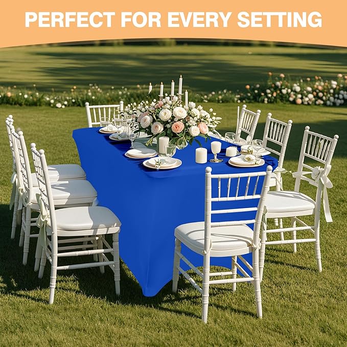 2 Pack 6 Feet Royal Blue Spandex Tablecloth for Rectangular Tables, Fitted & Stretch, Washable, Wrinkle Resistant, Perfect for Event, Wedding, Party, Banquet, Cocktail, Festival, and Table Protector